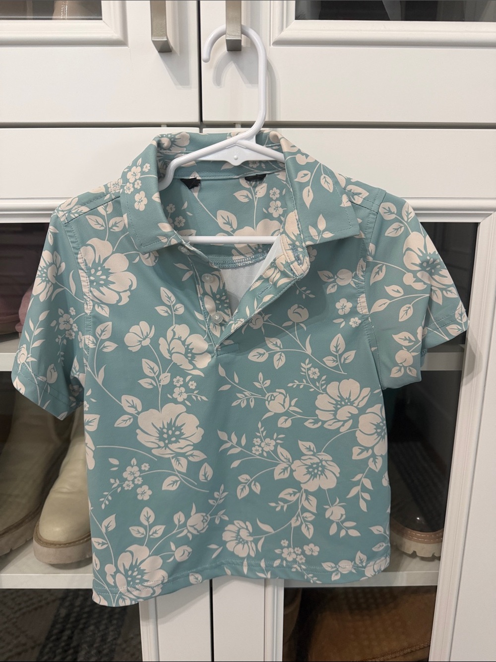 Kids Floral Polo Shirt - Light Teal Cream